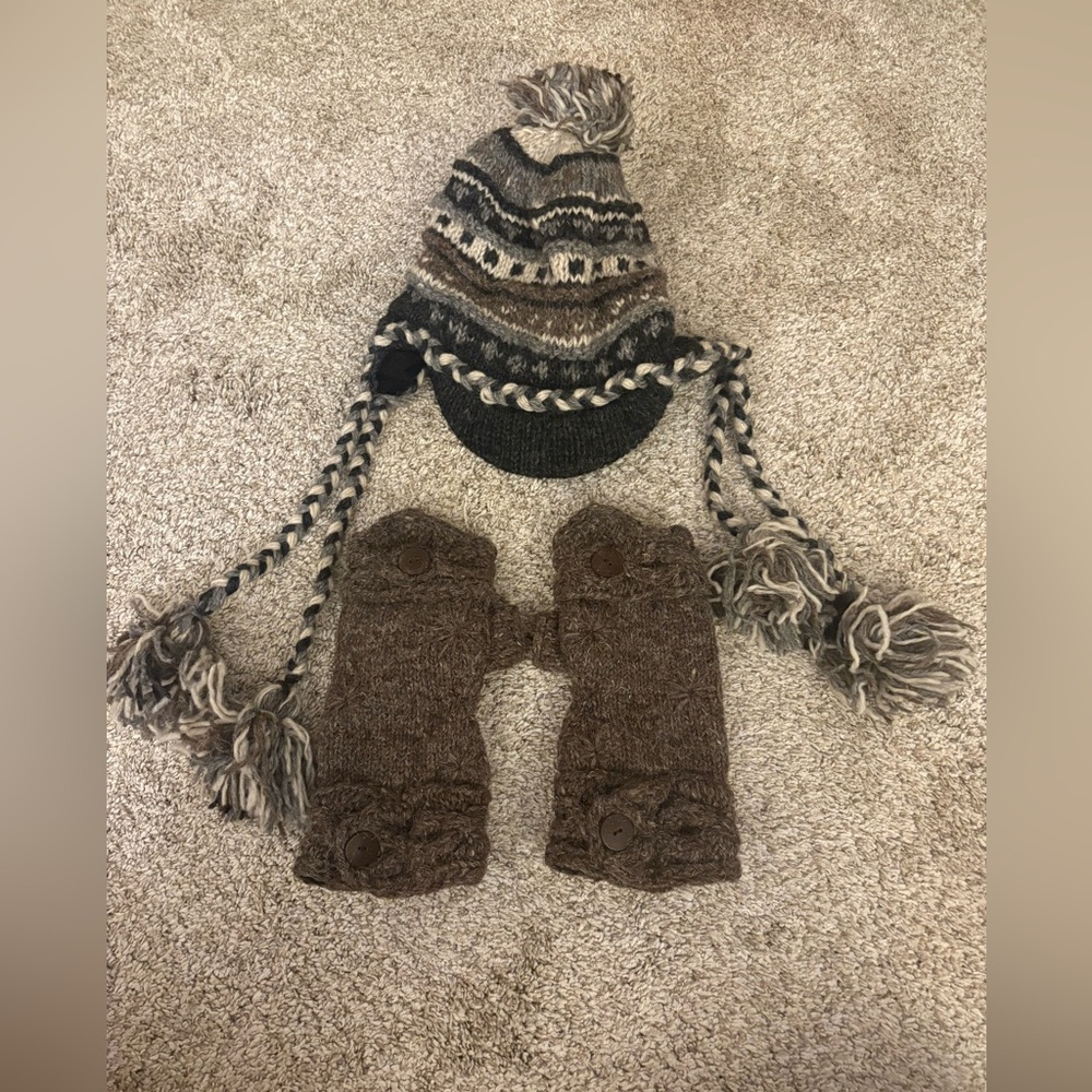 Brown Knit Hat and Mittens Set